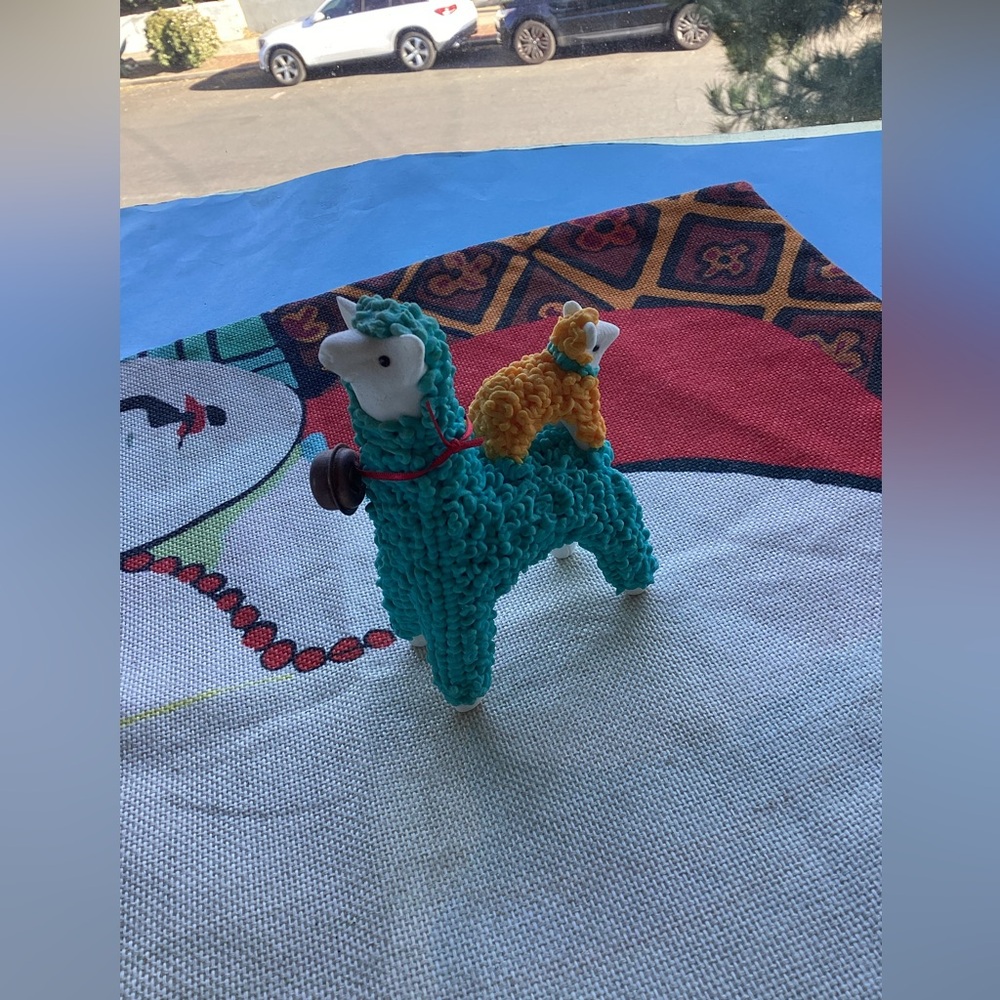 Handcrafted Teal Llama Figurine & baby